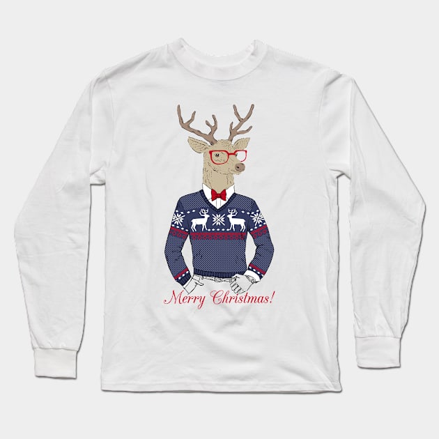 Hand Drawn Vector Illustration of Deer Hipster in Jacquard Sweater Long Sleeve T-Shirt by zezza